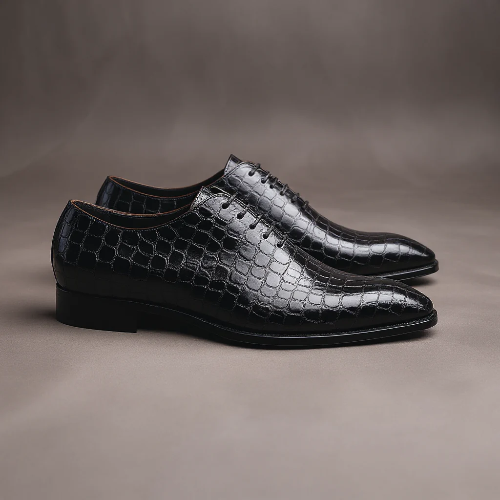 Gervasio Black Croc Leather Whole Cut Oxfords With Pointed Toe