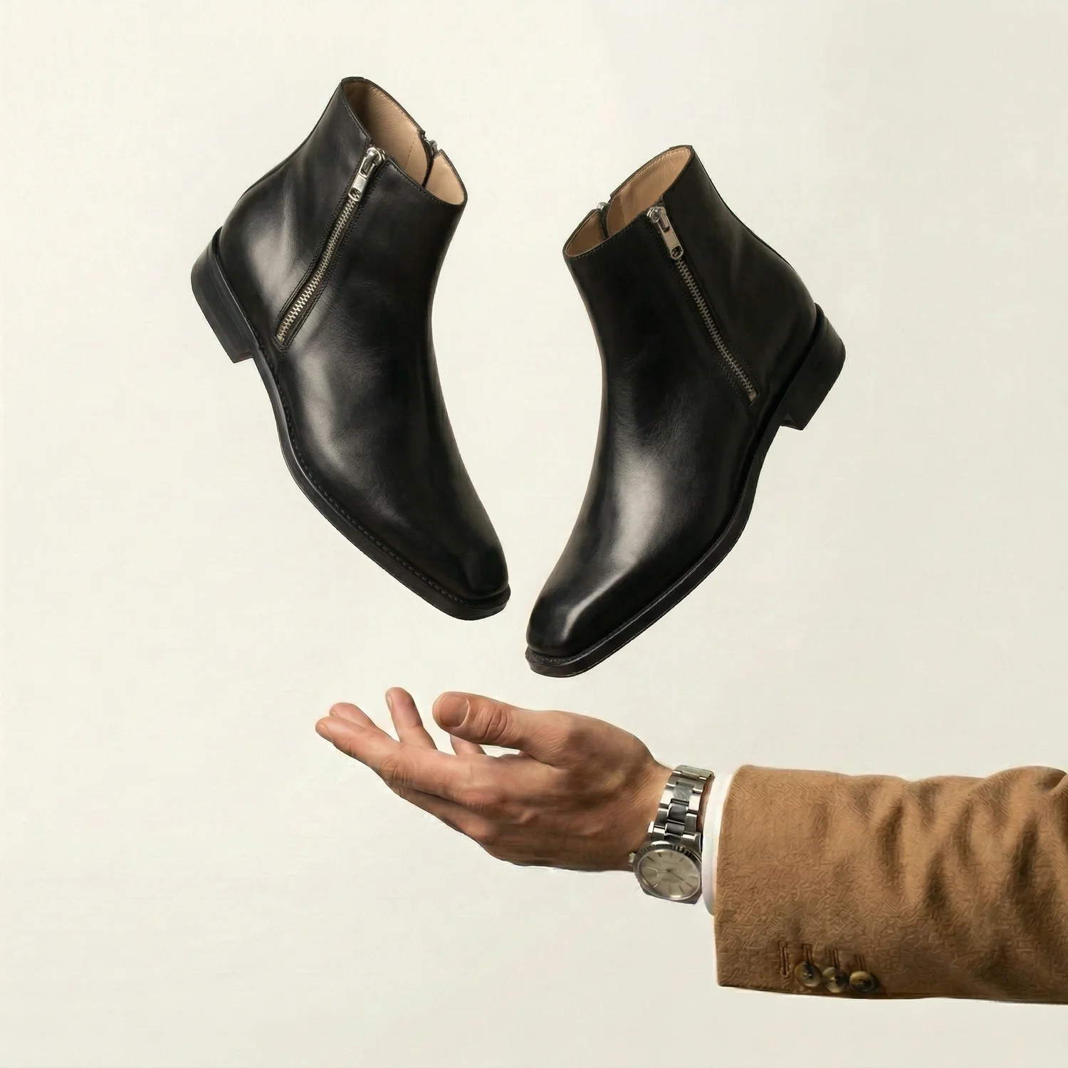 Fortino Black Leather Zipper Boots