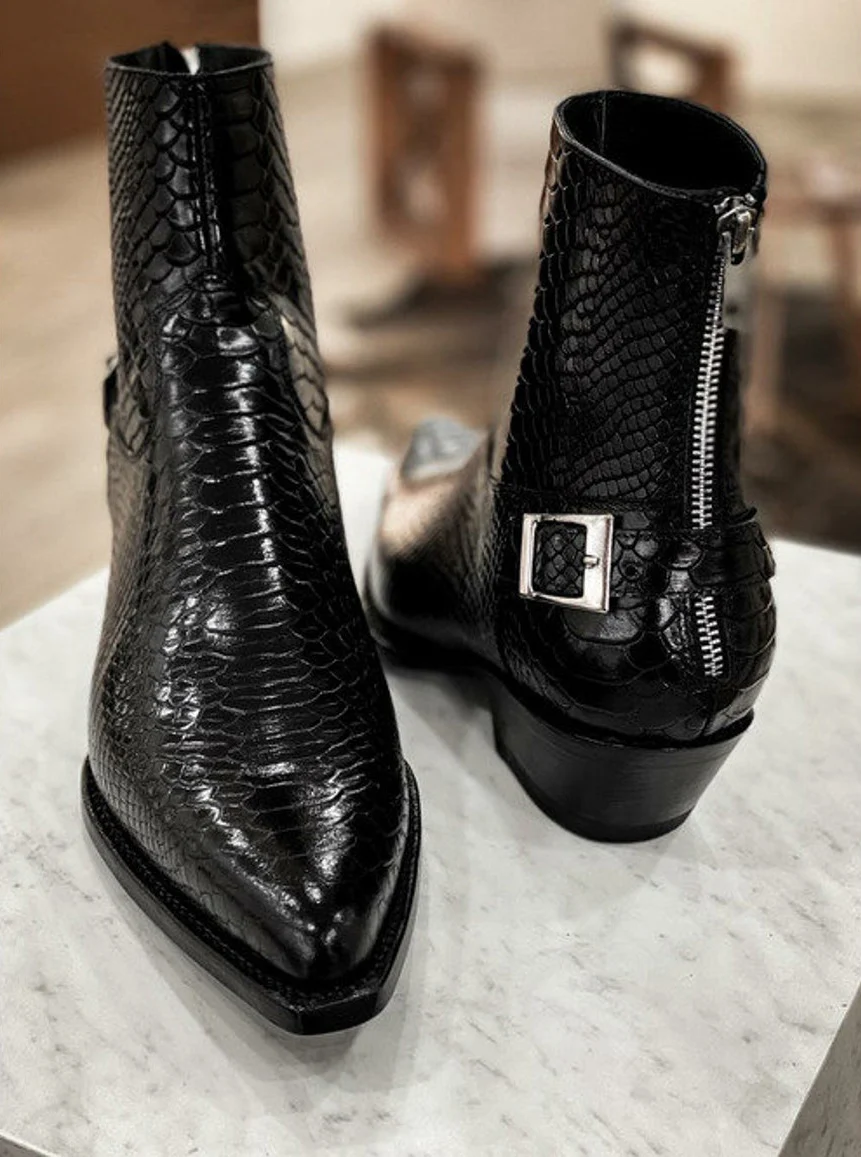 Rovello Black Croc/Snake Print Leather Slip On Zipper Pointed Boots