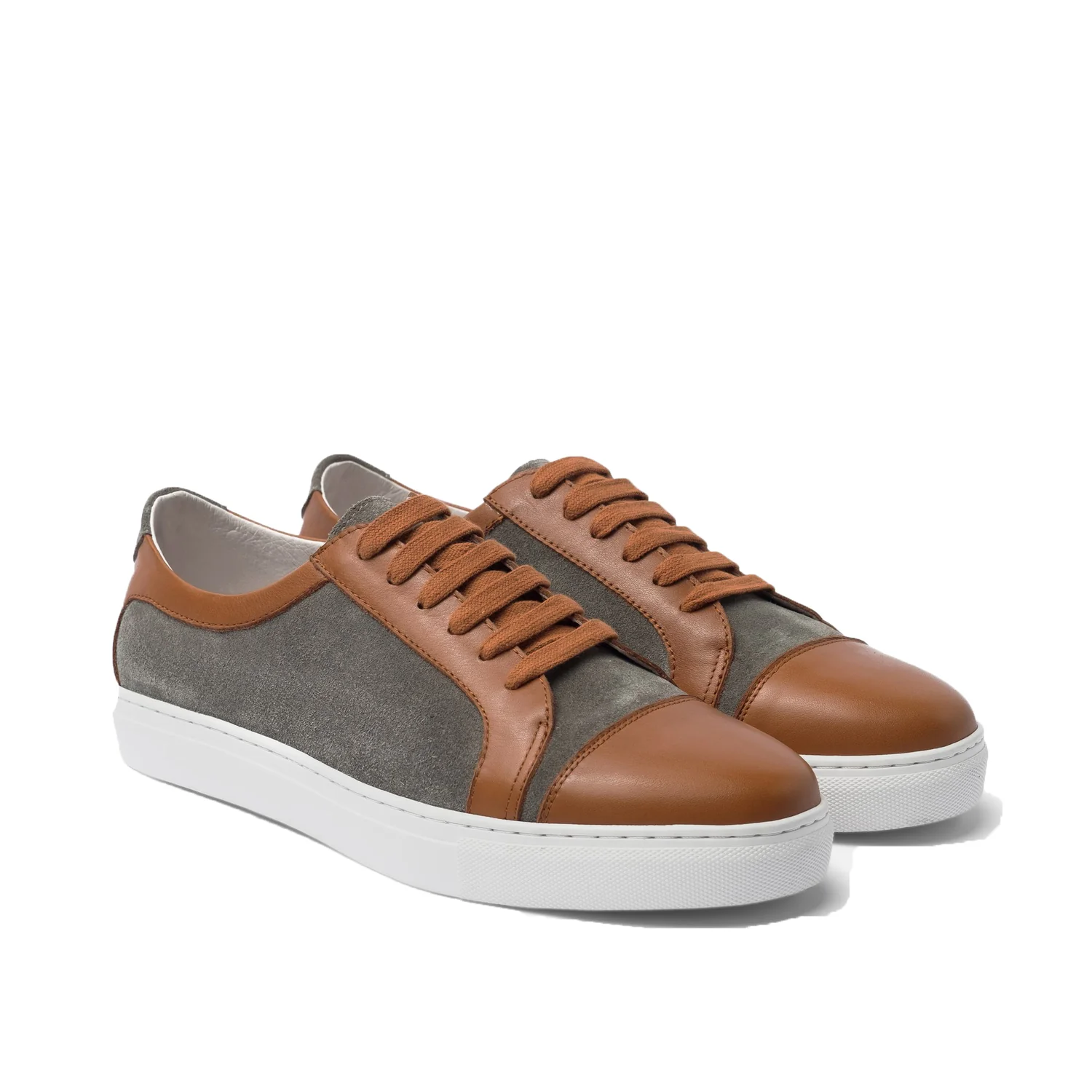 Selvano Tan Leather And Grey Suede Lace Up Sneakers