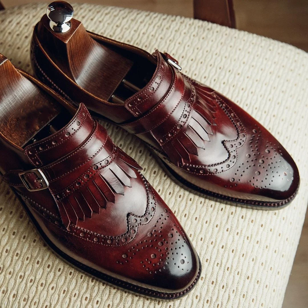 Burgundy Brown Leather Toe Cap Monk Straps