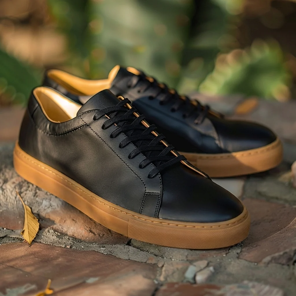 Corteno Black Leather Lace-Up Sneakers With Honey Colour Sole
