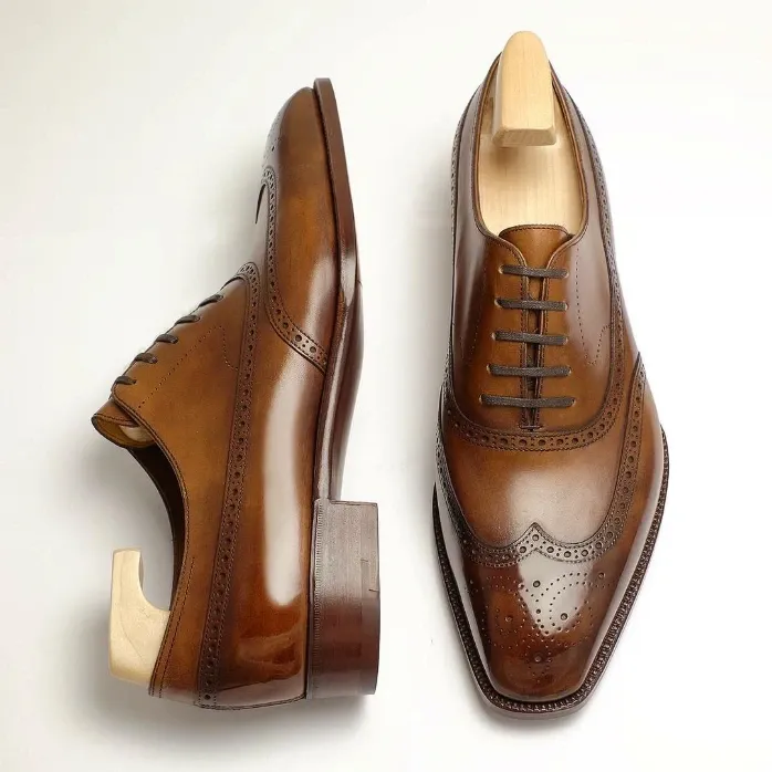 Brunello Tan Leather Brogue Wingtip Oxfords